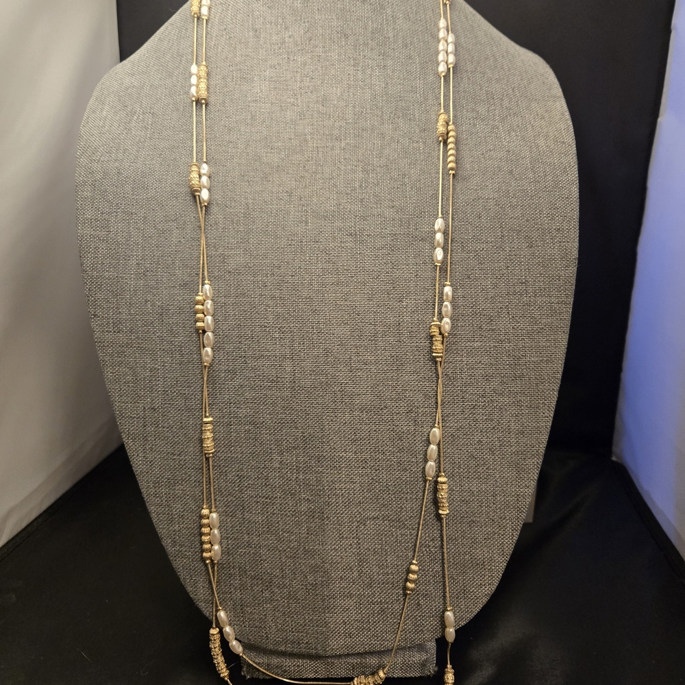 Chico's Long Double Stranded Gold Tone and Faux Pearl Necklace